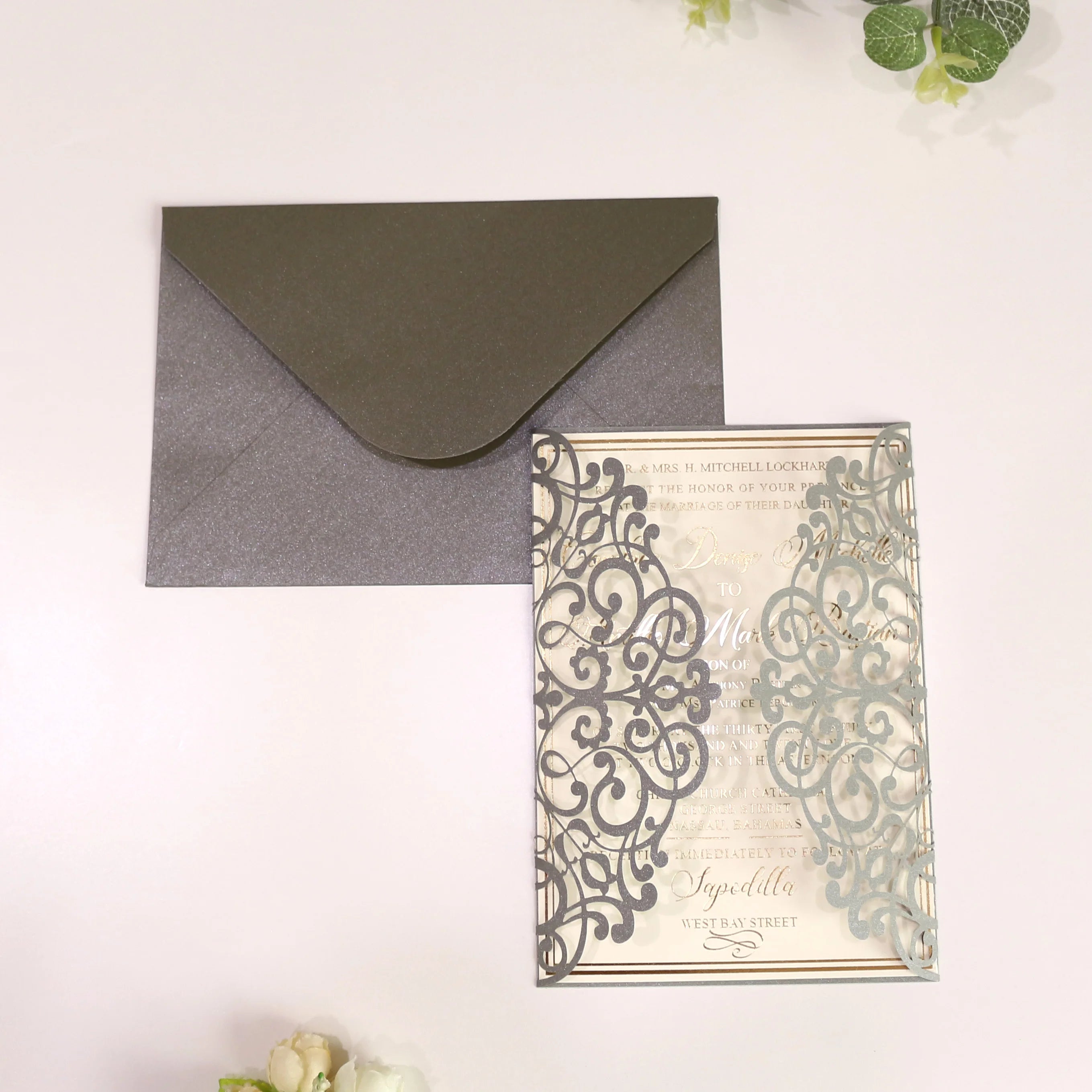 Laser Cut Fold Grey Pearl Paper Cover DIY Ideas Hot Stamping Silver Foil Vintage Wedding Invitation Cards