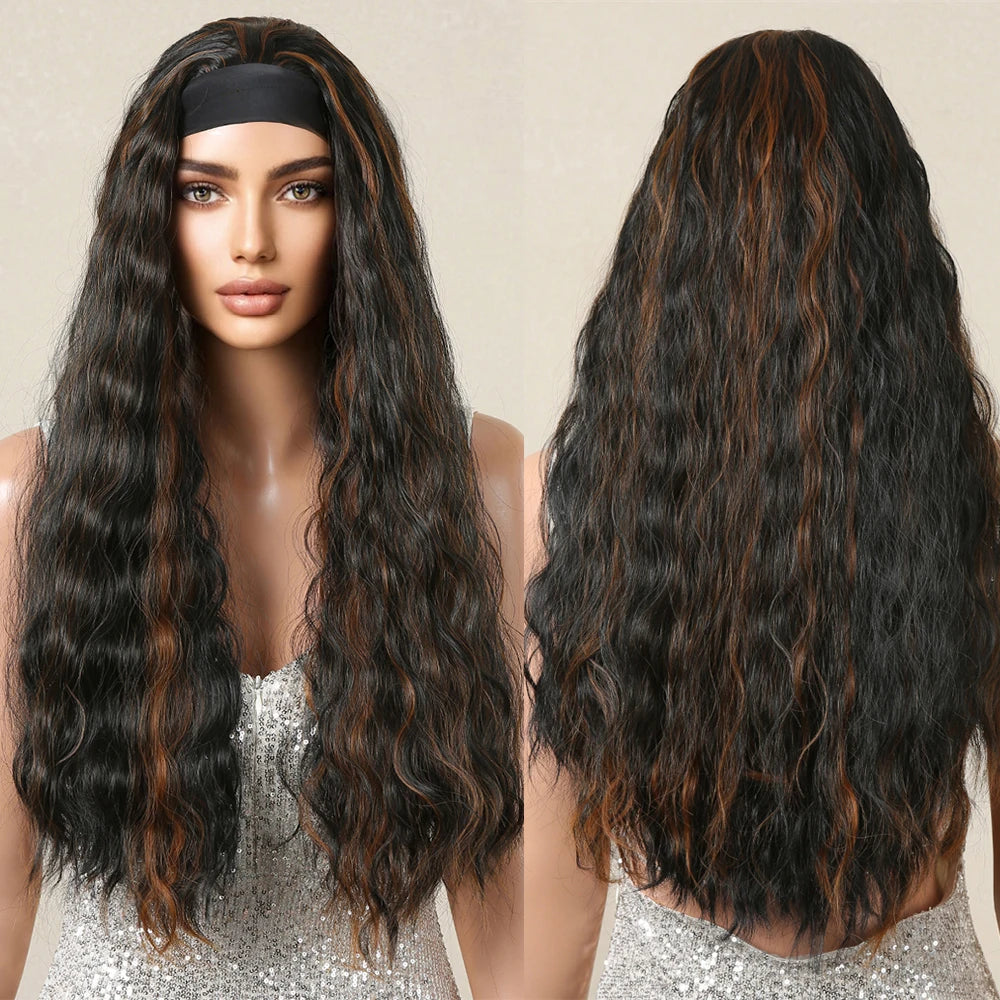 Factory Direct Long Headband Synthetic Wigs Brown Black Mixed Red Brown Curly Wavy Wig for Afro Women Daily Use Heat Resistant
