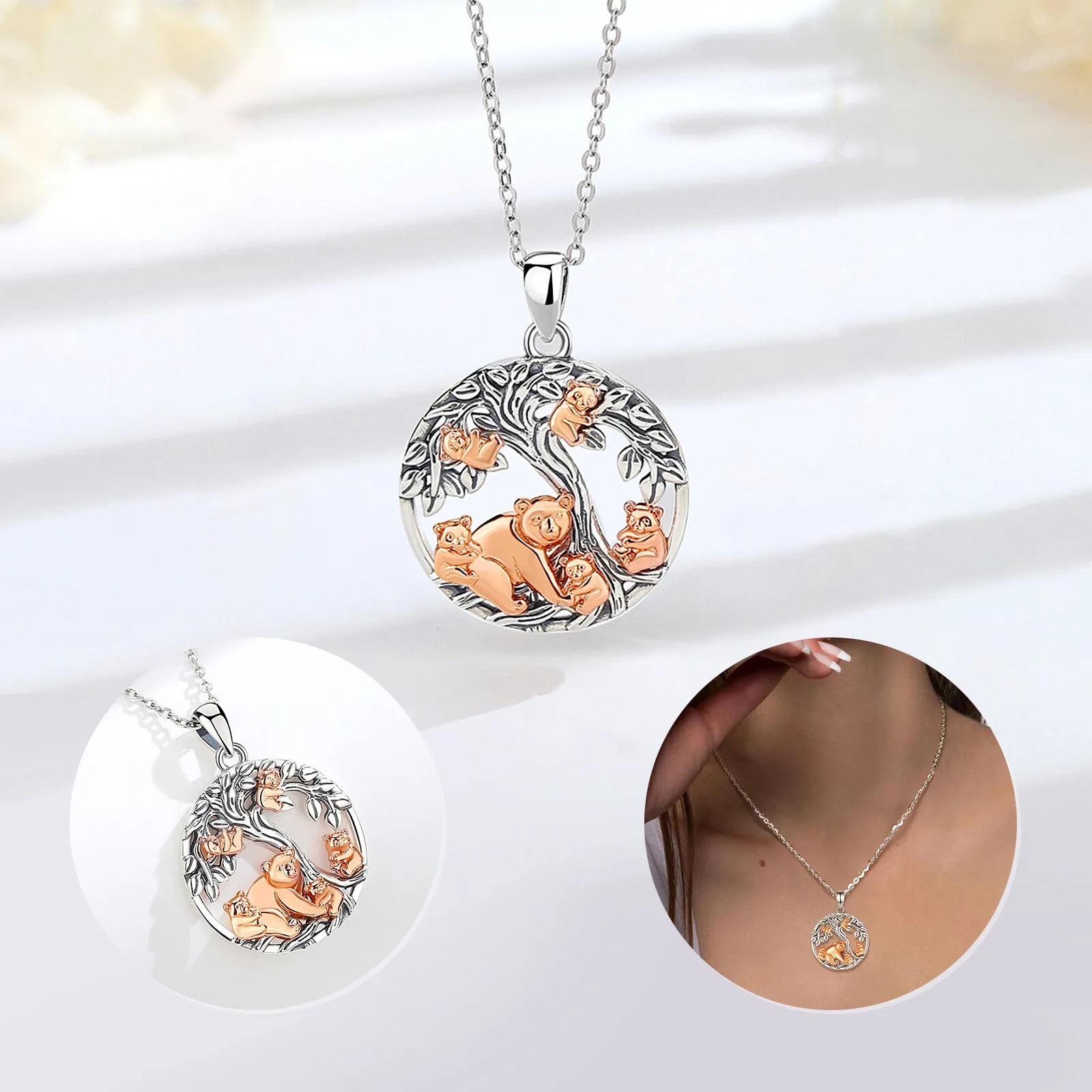 Merryshine 18k Rose Gold 925 Sterling Silver White Bear Mama Son Daughter Mother Daughter Necklace Jewelry for Mama