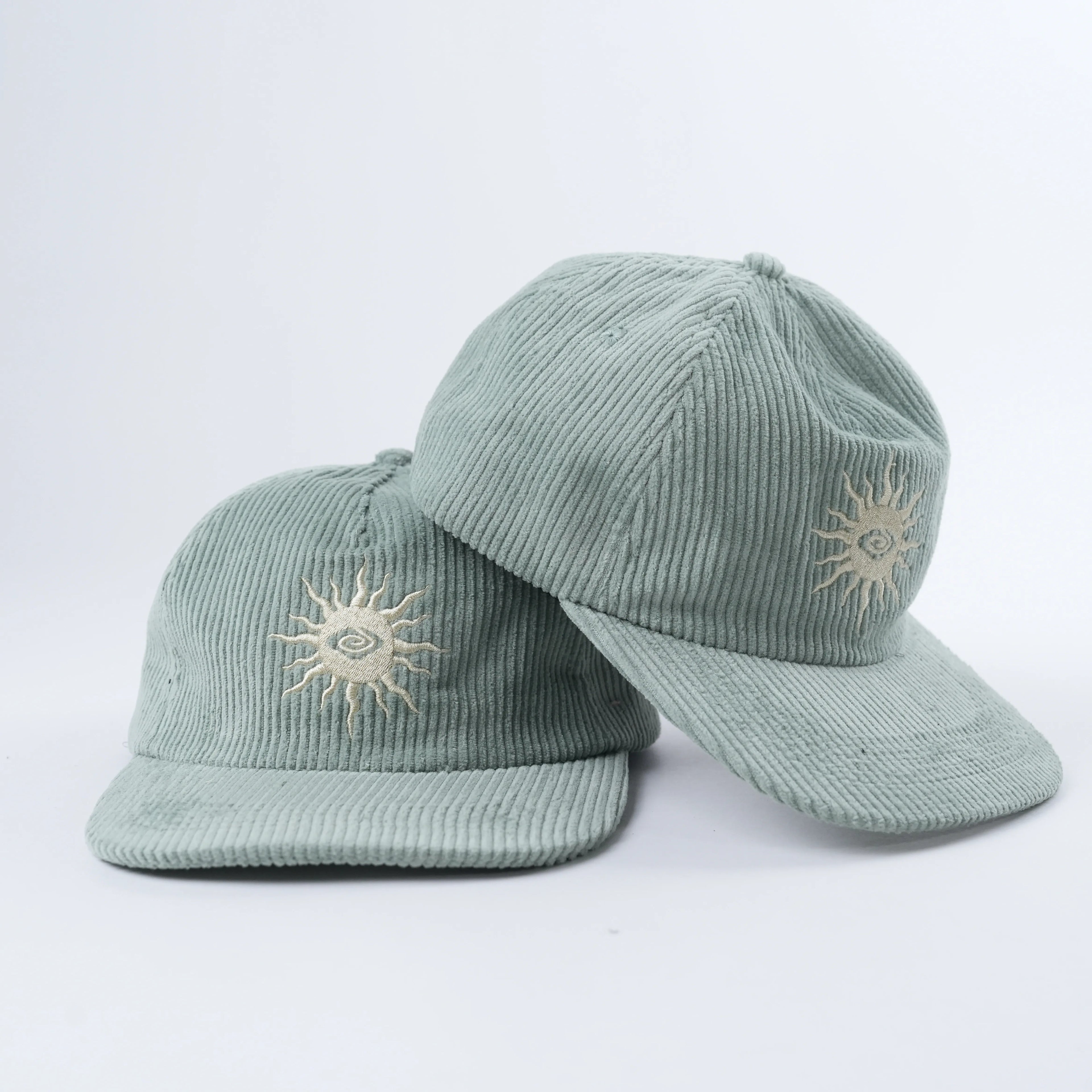 Unstructured Corduroy Fabric 5 Panel Flat Brim Caps With Custom Embroidery Logo