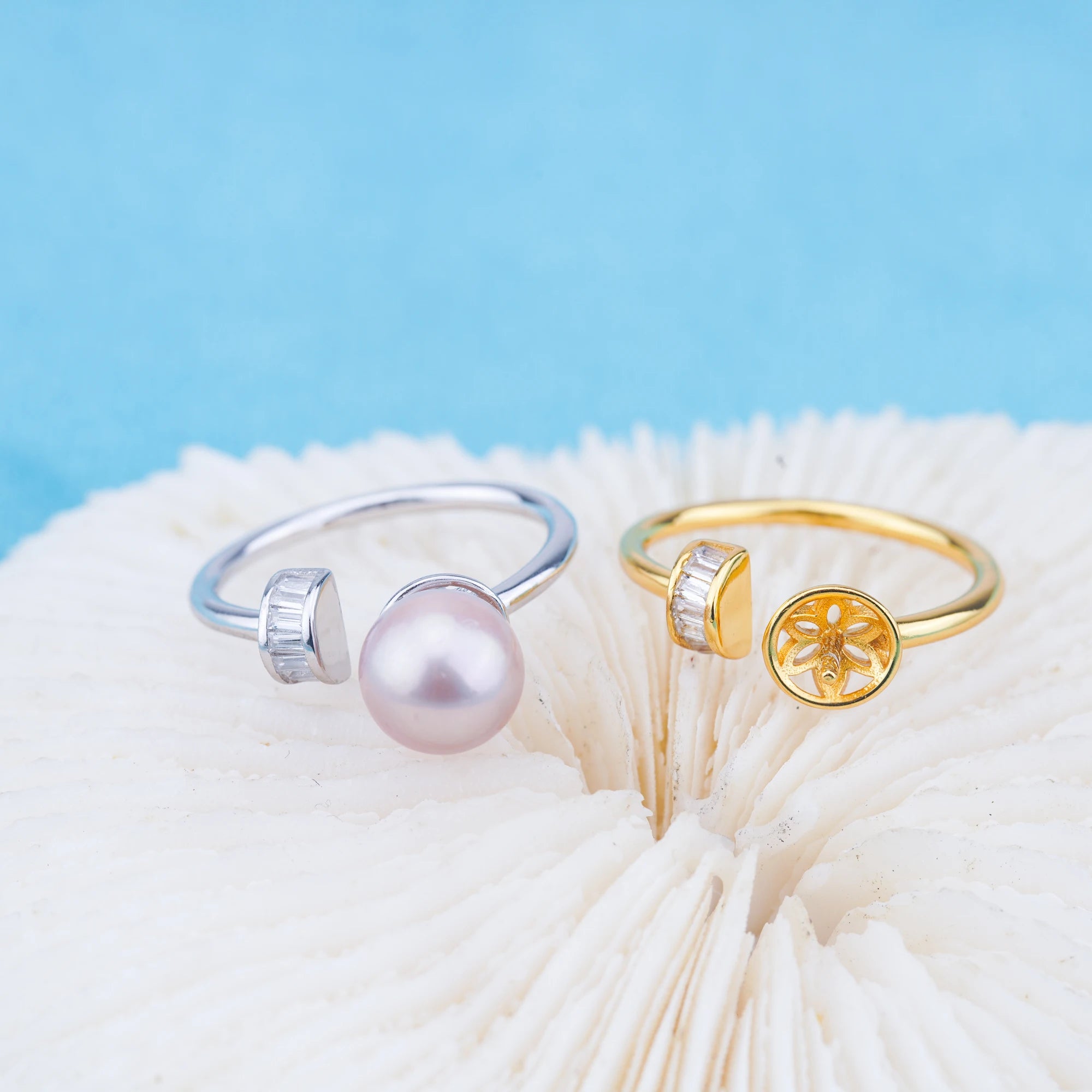 R010959 DIY 6-8mm Natural Freshwater Pearl Ring Accessory 925 Sterling Silver Adjustable Size Engagement Jewelry Ring for Women