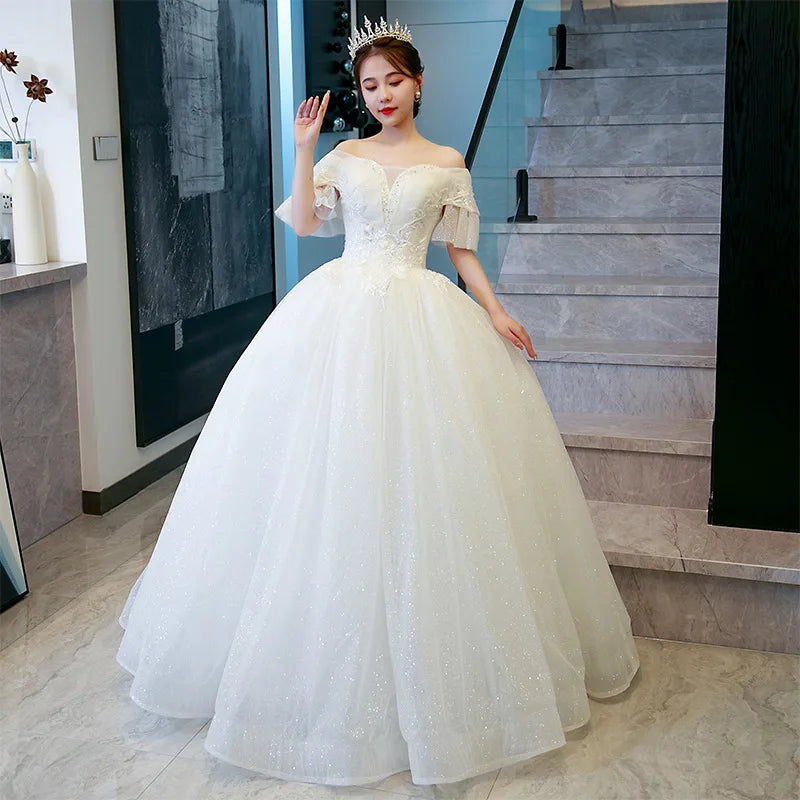 2022 New Arrival Sweetheart Shinny Off Shoulder Lace up Back Wedding Dresses Bling Bling Plus Size Bridal Dresses