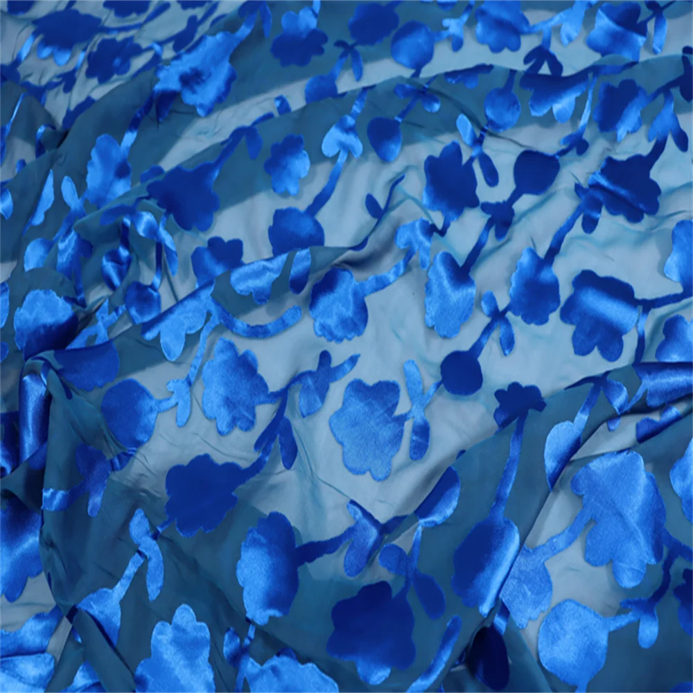 Blue Small Floral Design In-stock Great Quality Material Comfortable Feeling Silk Burn Out Fabric for Summer Women Garment