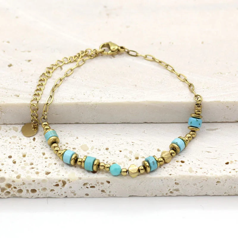 Wholesale Natural Gem Stone Tiger Eye Turquoise Stainless Steel Gold Bead Bracelet for Men Women Jewelry Gift