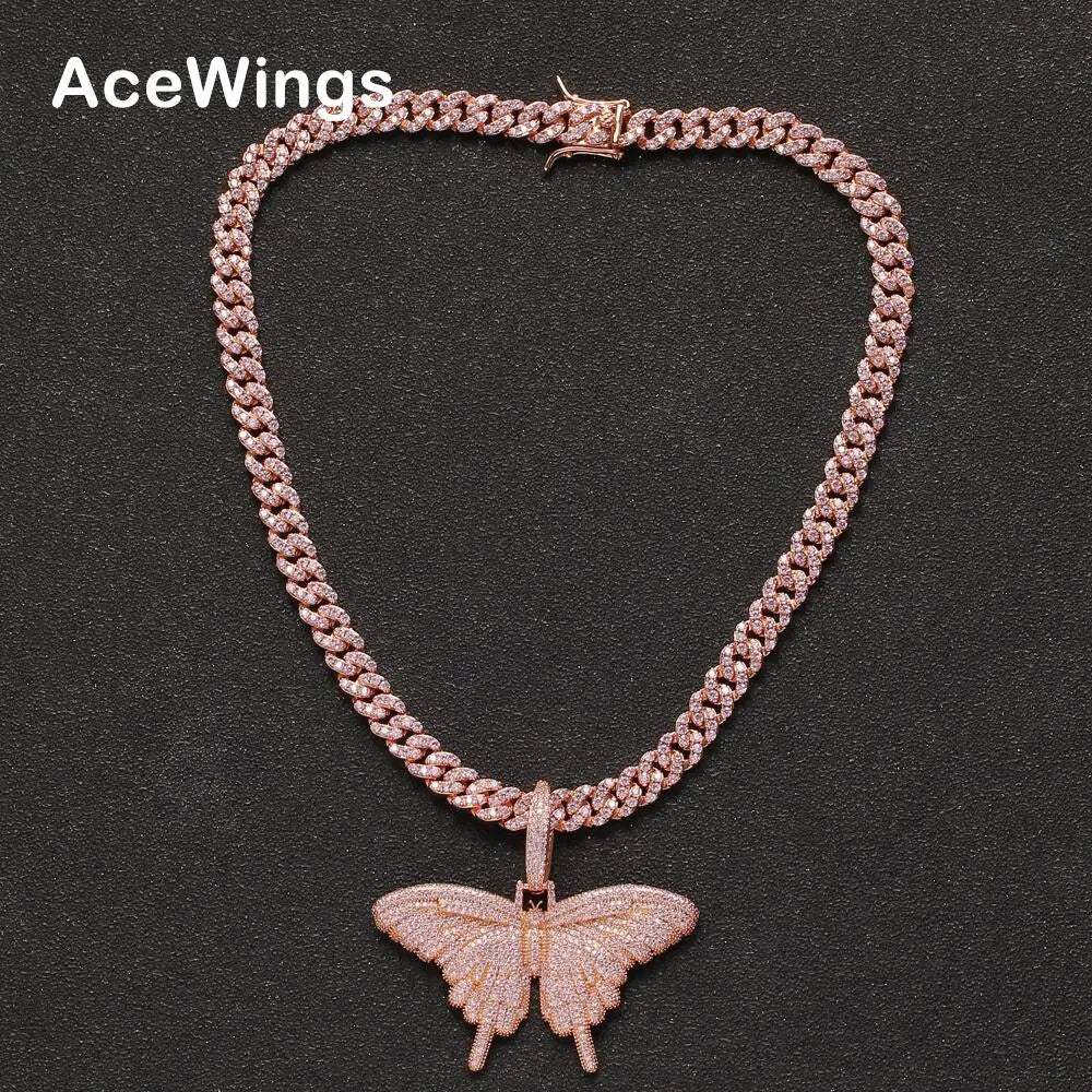 CN165 CZ Butterfly Pendant Wth 8mm Brass Setting Zircon Cuban Link Chain  Necklace Hip Hop Bling Jewelry CZ Chain Iced Out
