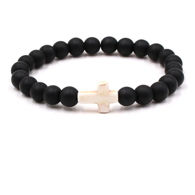 Glass Crystal Stone Cross Bracelets 8MM Stone Beads Jewelry  for Women Men Charms Elasticity Bracelet Jewelry Gifts