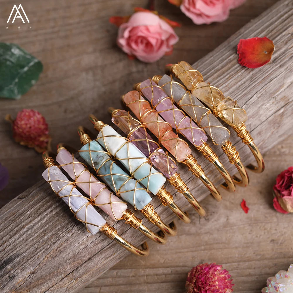 Handmade Fashion Gemstone Cylinder Beads Cuff Bracelet for Women Open Wire Wrapped Jewelry