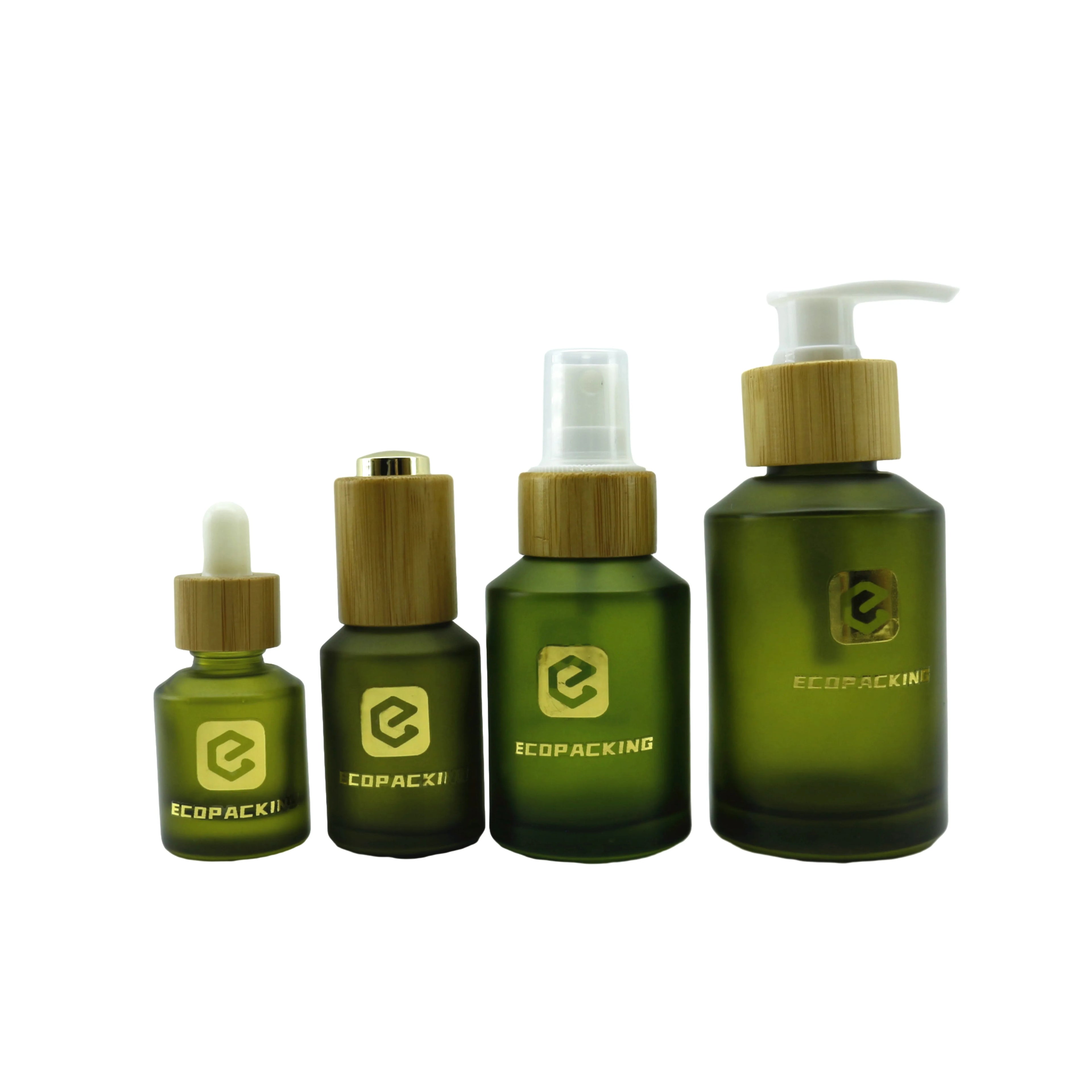 Natural Packaging Slant Shoulder Glass Bottles Cream Cosmetic Glass Jar with Bamboo Pump Set Packaging 30ml 50ml 100ml