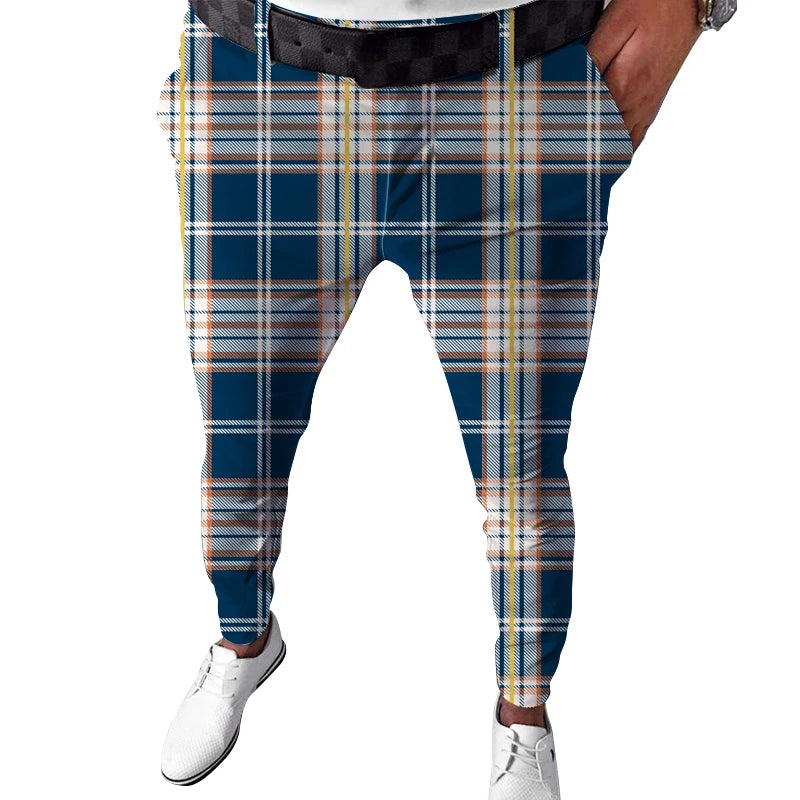 New Fashion Plaid Printed Pants for Mens Mid Waist Button Trouser Formal Summer Casual Long Pants
