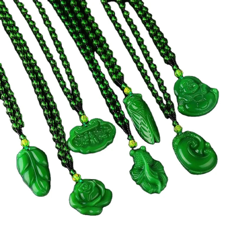 Crystal Jade Pinan Necklace Fashion Female Dark Green Guanyin Buddha Long Pendant Necklace for Men and Women