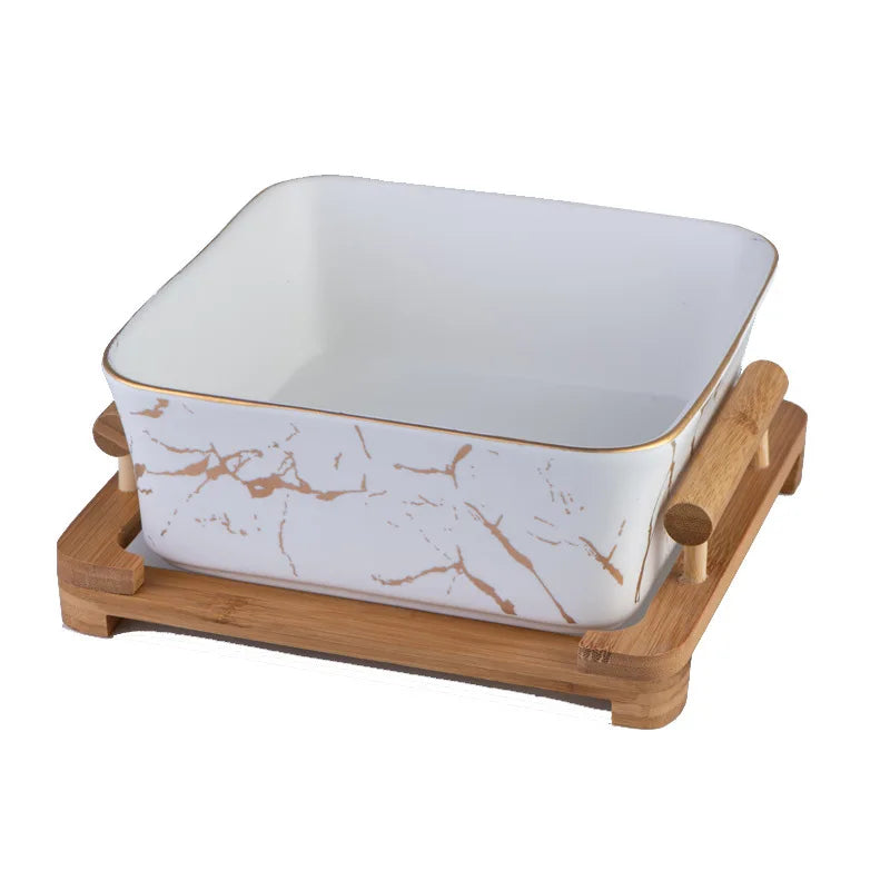 New Design Home Marbled Ceramic Salad Bowl Square Ceramic Bowl with Wooden Holder