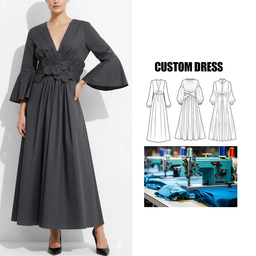 Brand Customization Elegant V-Neck Floral Design Long Dress Women High-Waisted Large Hem Natural Waistline Summer Maxi Dress