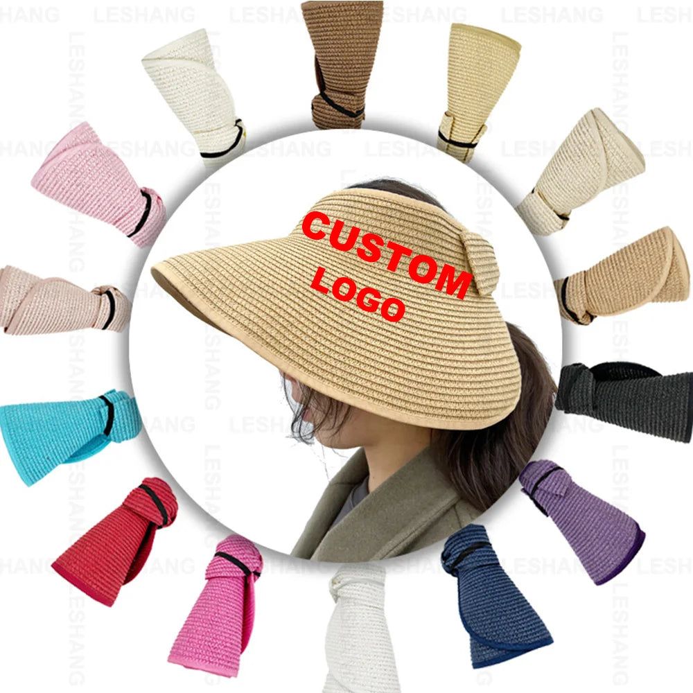14 Colors Breathable Wide Brim Women Roll-up Bowknot Ponytail Beach Sun Hat Foldable Plain UPF 50+ Custom Logo Straw Visor Hat