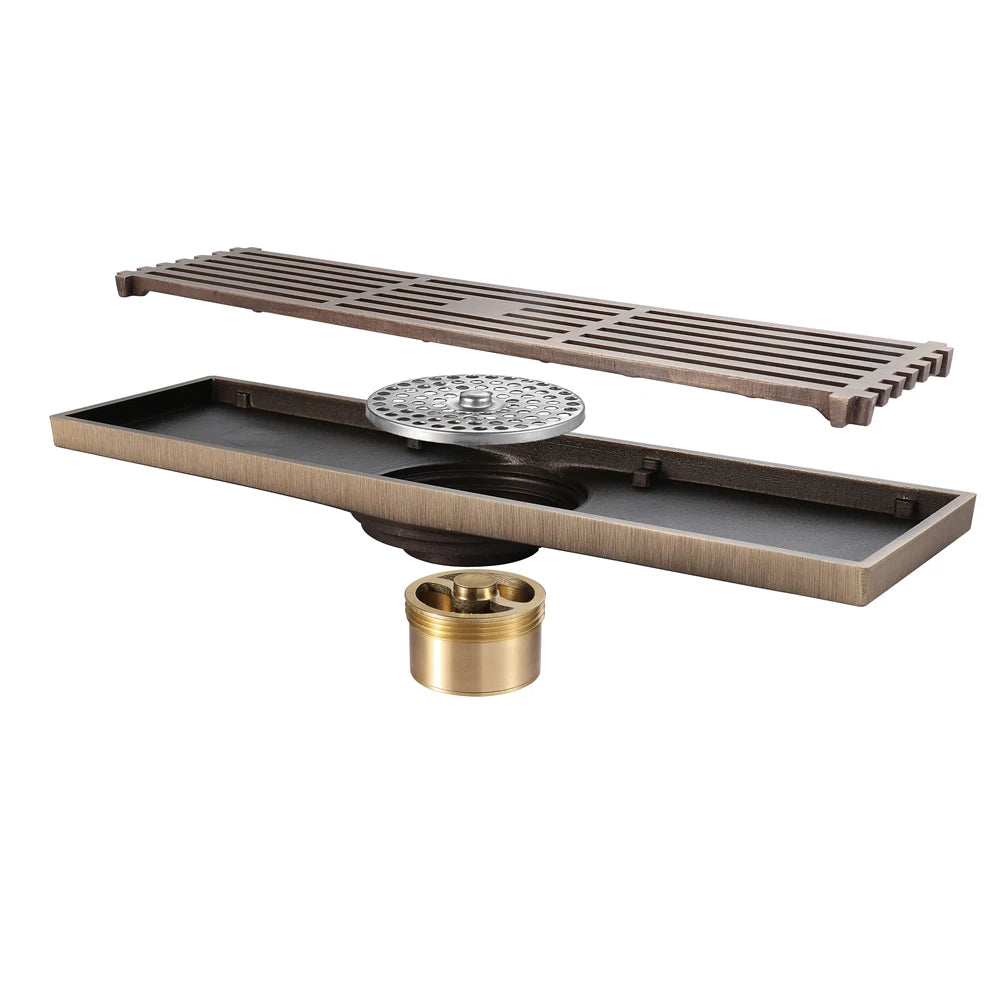 Linear Shower Drain with Removable Square Hole Panel Hair Strainer Brass Shower Drain
