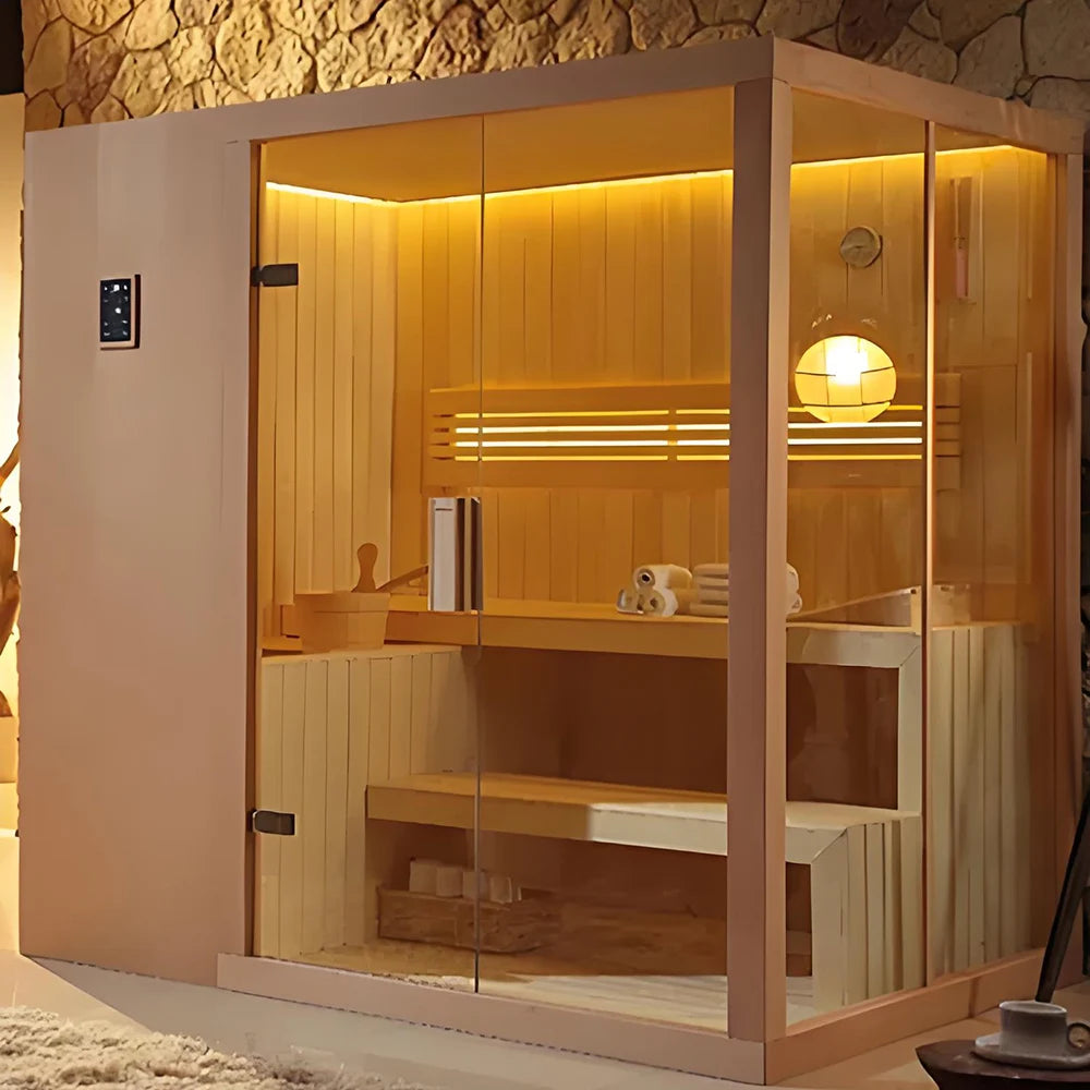 Deluxe Indoor Wet Steam Sauna Room with Red Cedar Electric Stove Hemlock Solid Wood Computer Control Panel for Villas