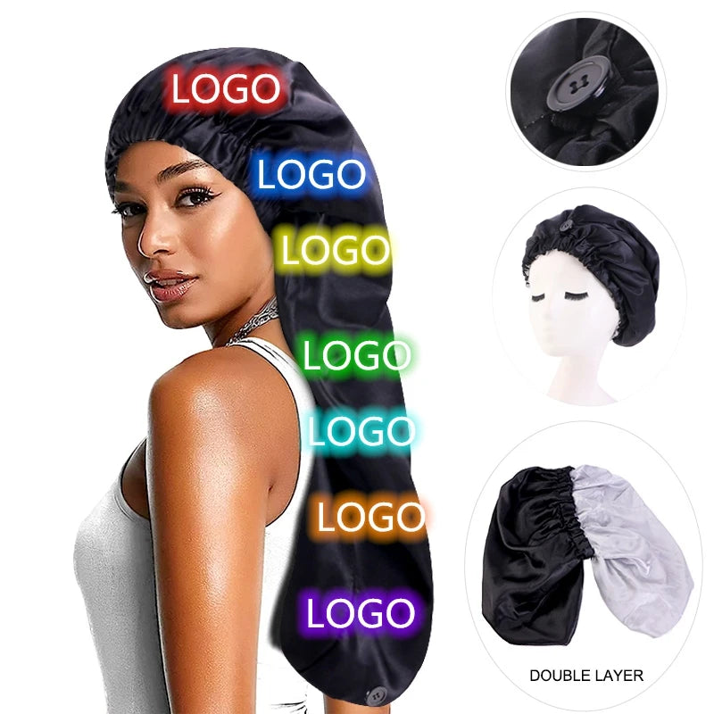 Braid Long Hair Bonnets Customized Logo Sleeping Cap Double Layer Braid Dreadlocks Cap Night Satin Bonnets With Elastic Band