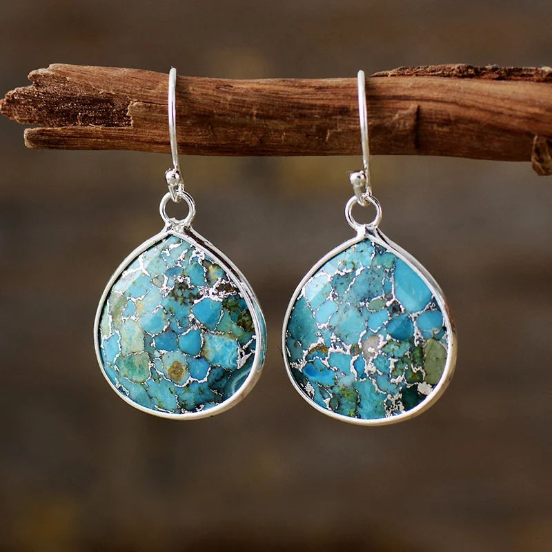 Elegant Retro Designer 18K Gold-Plated Natural Turquoise Stone Drop Earrings for Women Hypoallergenic Fashion Jewelry