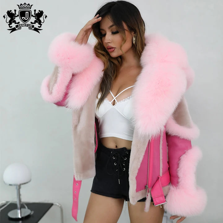 Fashion Colored Fox Fur Collar Coat for Women Lamb Real Sheepskin Fur Coat