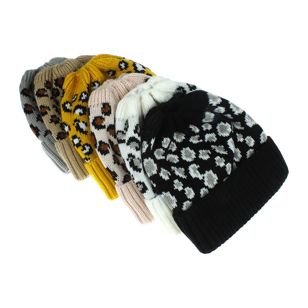 Womens Soft Stretch Cable Knit Ponytail Hair Leopard Pattern CC Beanie Hat