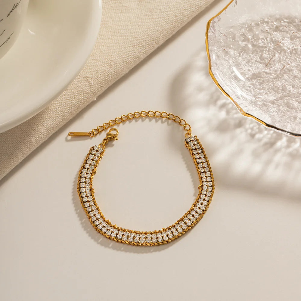 2023 Aretas Luxury Fine Jewelry AAA Zirconia Iced Bangle Gold Plated Stainless Steel Layer Tennis Chain Bracelet Pearl Gifts