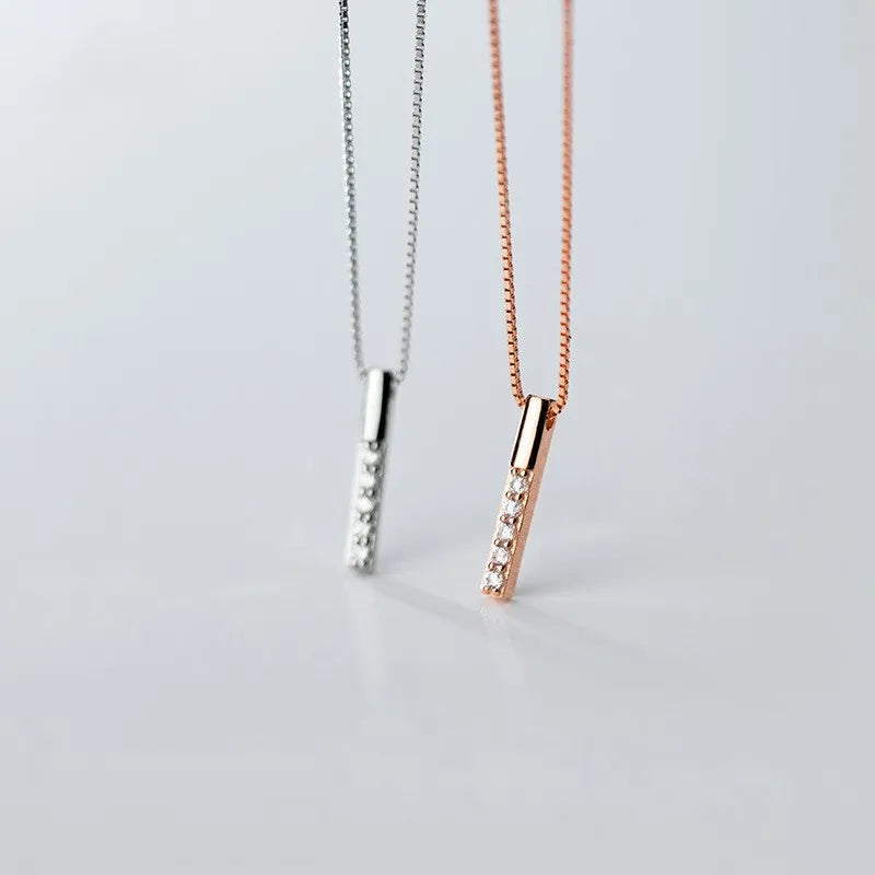 Small Cubic Zirconia Bar Pendant Rose Gold Plated Box Chain 925 Sterling Silver Necklaces Fashion Jewelry for Women