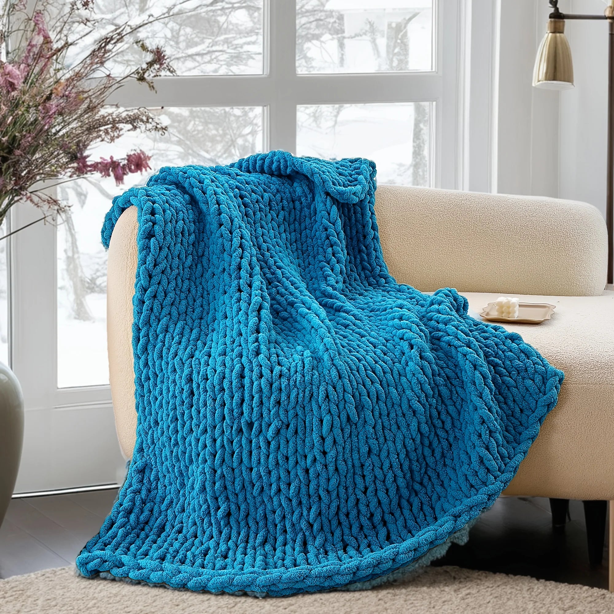 Camping Home Decor Soft Cozy 100% Hand-Woven Luxurious Lake Blue Chenille Chunky Throw Blanket for All Seasons