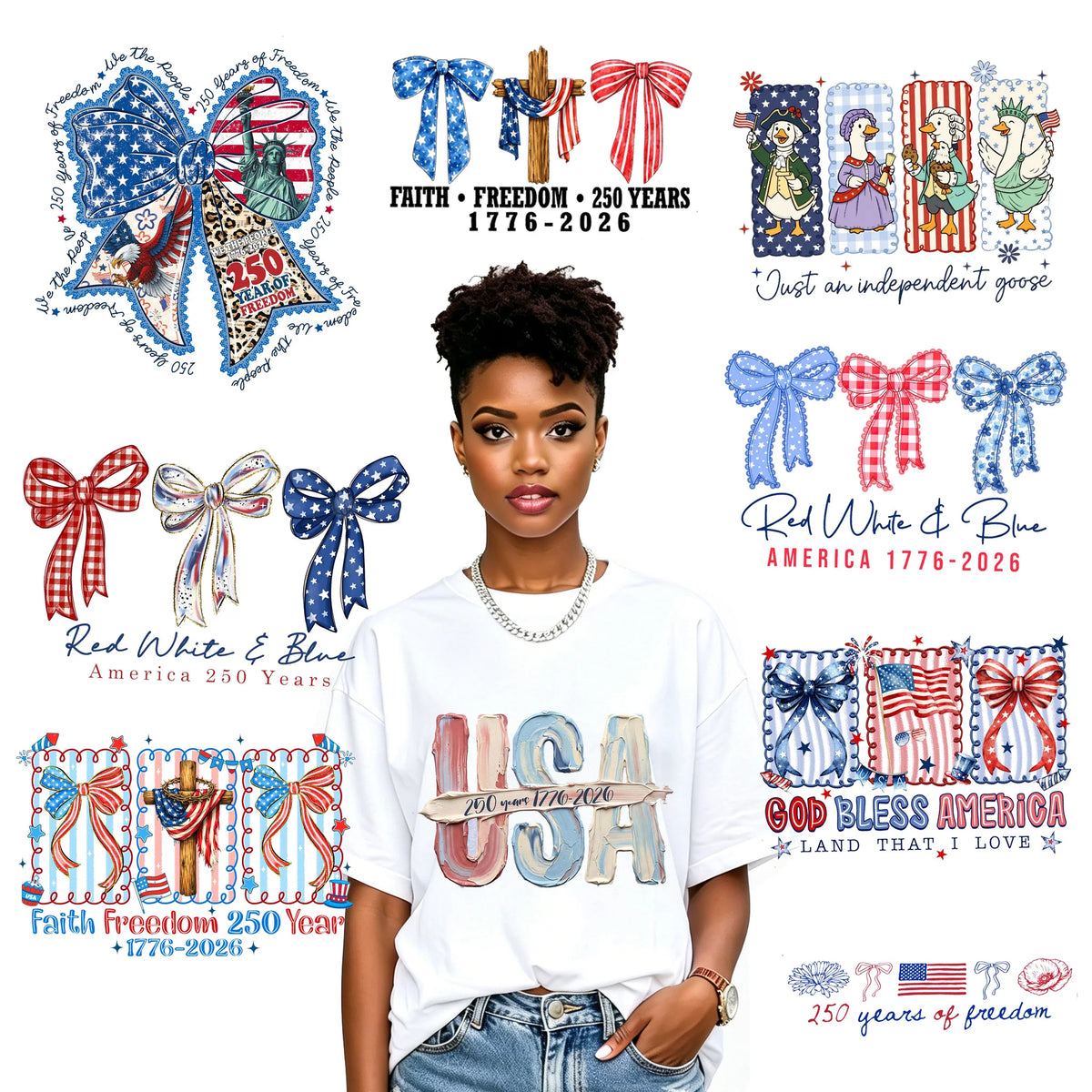 America 250th Transfers Ready to Press USA Patriotic 1776 2026 Iron on Screen Print Heat Transfer Designs for Shirts Bags