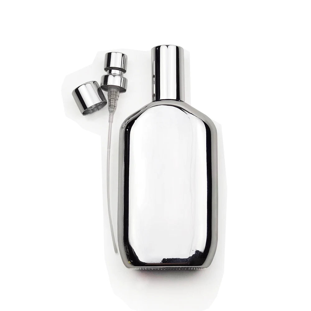 Special Silver UV Plated Luxury Empty Crimping Type Bottle Perfume Flat 50ml Ready Stock