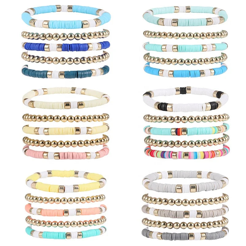 Customized Gold Plated Charm Bracelet Bangle Handmade Colorful Pink Blue Polymer Clay Bracelet Bohemian rainbow Stretch Bracelet