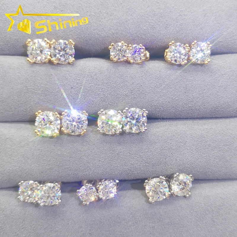 Hiphop Stud Earrings Sterling Silver 925 Jewellery  8 Prongs Screw Back Shining Moissanite Ring