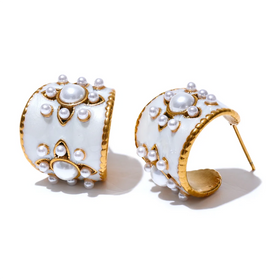 JINYOU 2558 Exquisite Imitation Pearls White Enamel Metal Stainless Steel Flower Geometric Earrings Chic Daily Fashion Jewelry