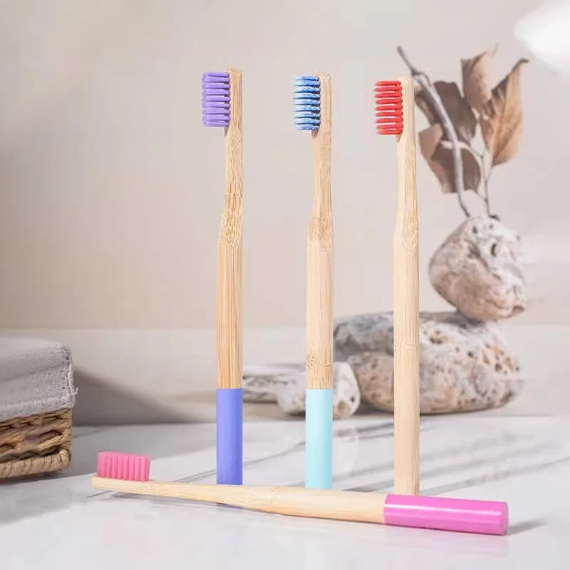 Eco-Friendly Biodegradable Bamboo Toothbrushes Bulk Pack Colorful Round Handle Soft Medium Bristle Natural Wooden Toothbrush