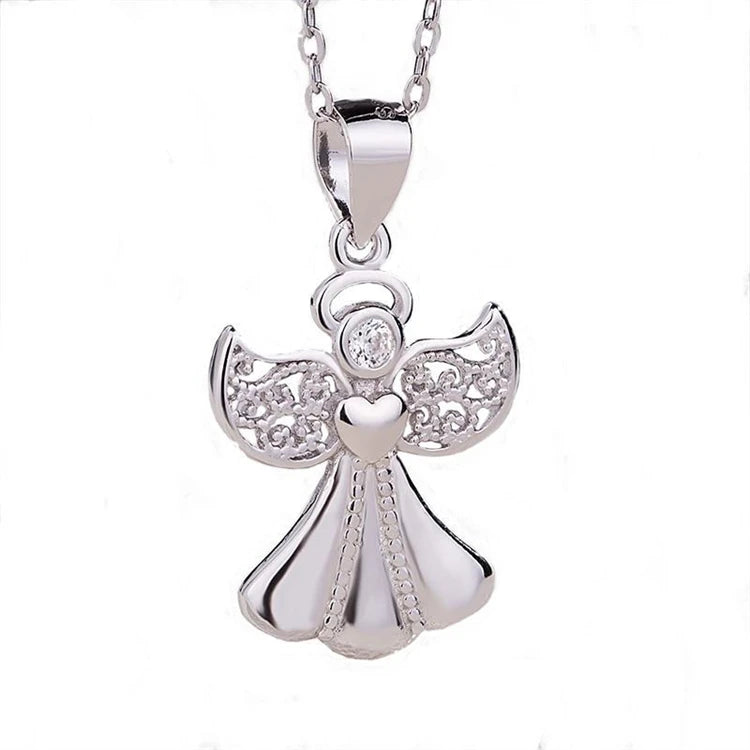 Fashion Trendy 925 Sterling Silver Cubic Zirconia Angel Pendant Necklace for Women