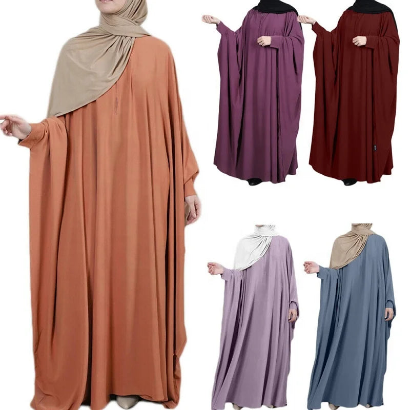 Loriya Wholesale Solid Color Nida Jilbab Arab Plus Size Bat Sleeves Muslim Women Prayer Dress Summer Abaya