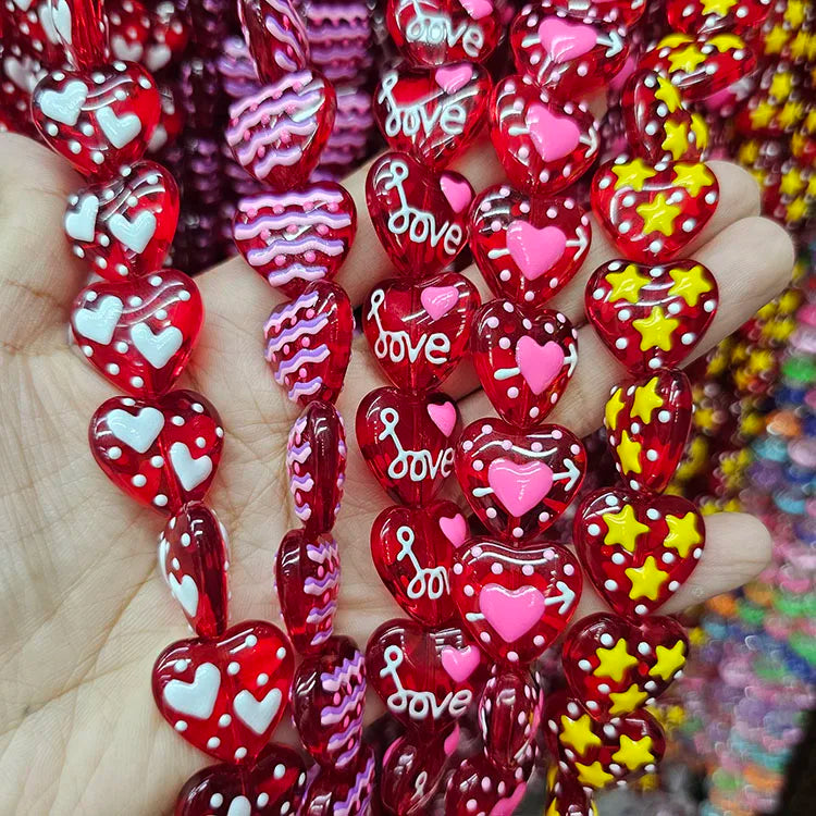 GP0993 Chic Chunky Hand-Painted Multi Colored Enamel Glaze Lampwork Glass Puffy Heart Beads for Jewelry Making