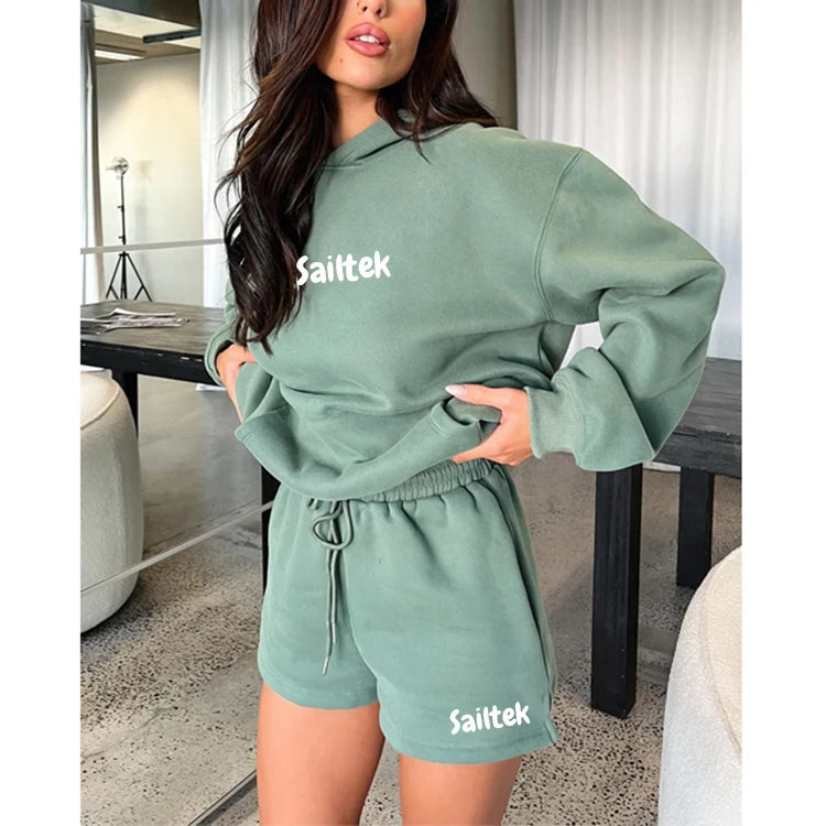 Fashion Clothing Custom Baggy Shorts Tracksuit Women Streetwear Cotton Two Piece Hoodie and Shorts Set for Ladies