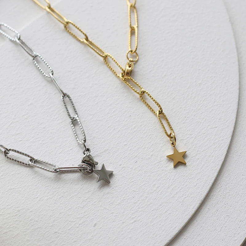 Women Minimalist 18k Gold Plated Paper Clip Chain Necklace Oval Long Link Star Necklace Choker Necklace Stainless Steel Jewelry