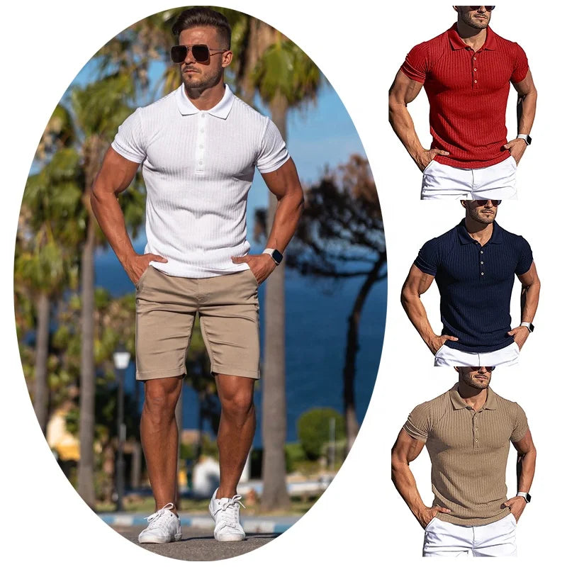 Plus Size Mens Anti Wrinkle Golf Shirts Ribbed Knit Muscle Tees Collared Blouse Workout Clothes Chemise Homme Polo Shirt