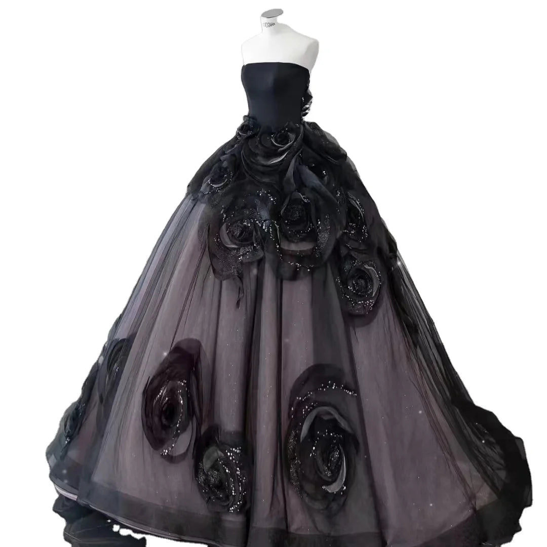 AL1364 Black Strapless Main Wedding Dress 2023 Catwalk Dress Tail Heavy  Advanced Flower Glitter Sequins Evening Wedding Dress