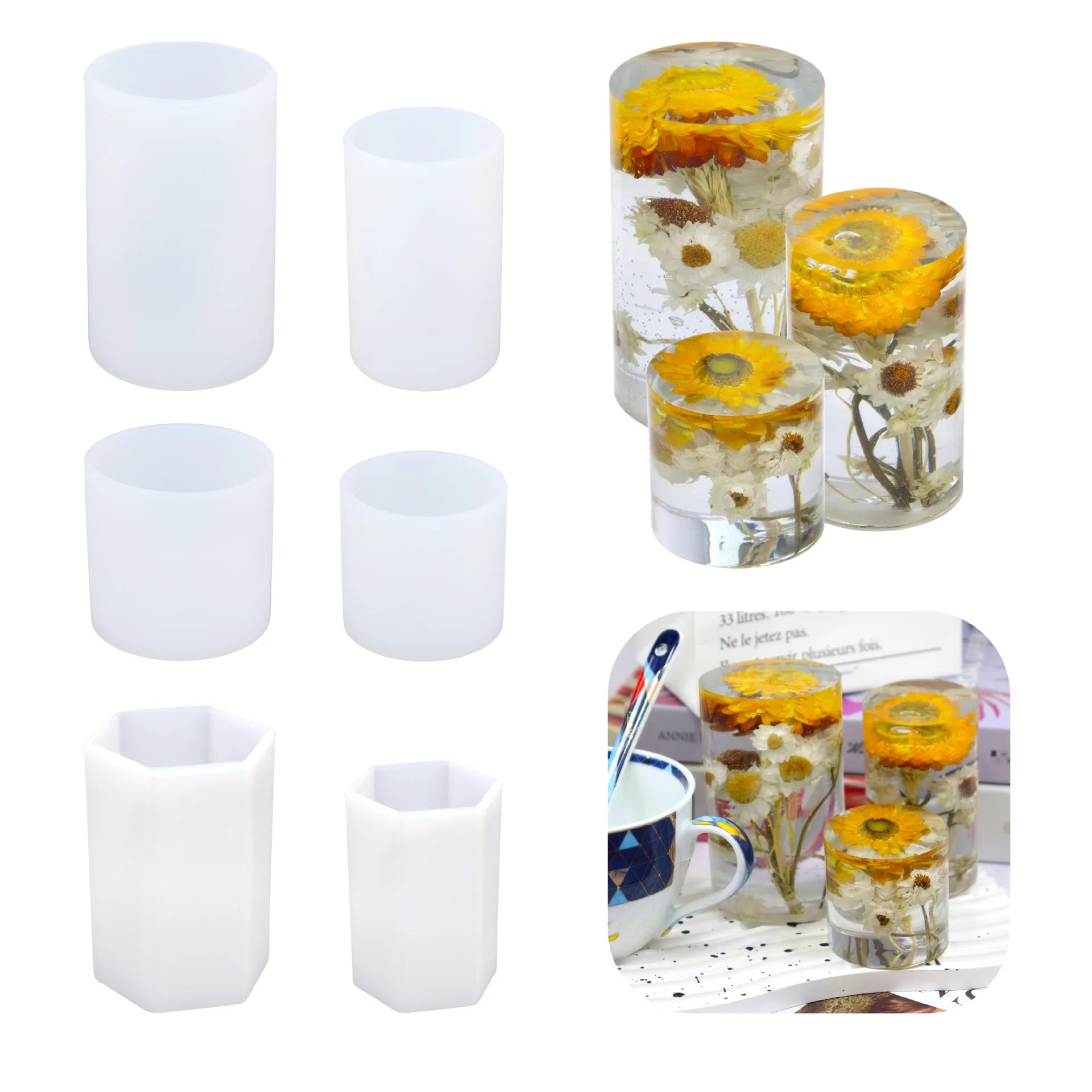 HY Cylinder Hexagon Candle Resin Mold DIY Dried Flower Decoration Craft Ornament UV Epoxy Silicone Mold