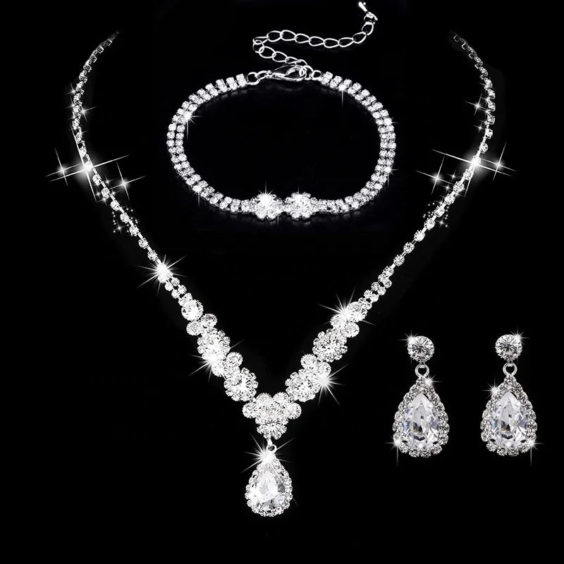 DAIHE Set-3356 Three-piece Luxury Plated Bright Diamond Zircon Angel Teardrop Necklace Earrings Bracelet for Wedding Party
