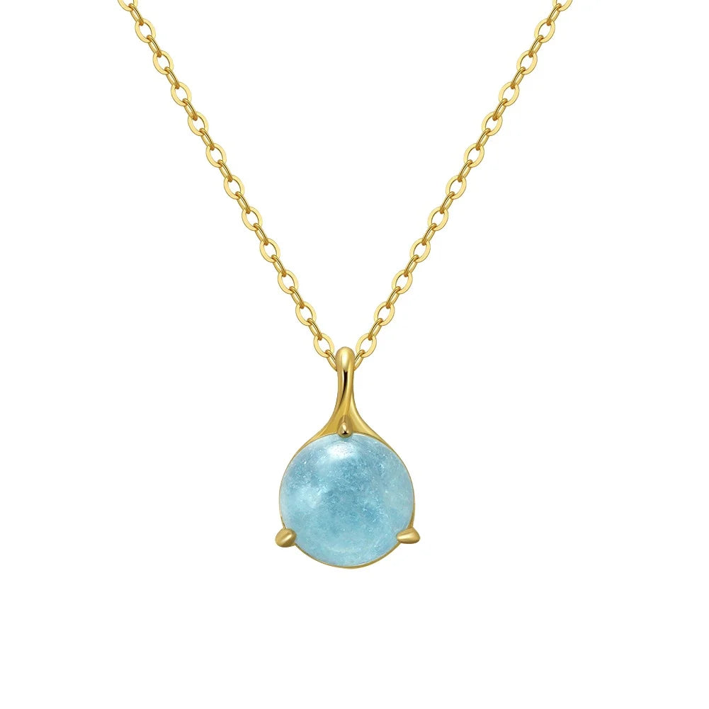 RINNTIN GMN31 Wholesale Natural Aquamarine Pendant Necklace Women 925 Sterling Silver Round Shape Necklace Gemstone Jewellery
