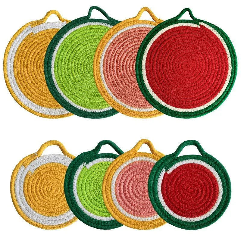 Fruit Orange Lemon Watermelon Placemat Table Mat Round Woven Dining Heat Insulation Pot Holder Cotton Cup Coffee Mug Coaster