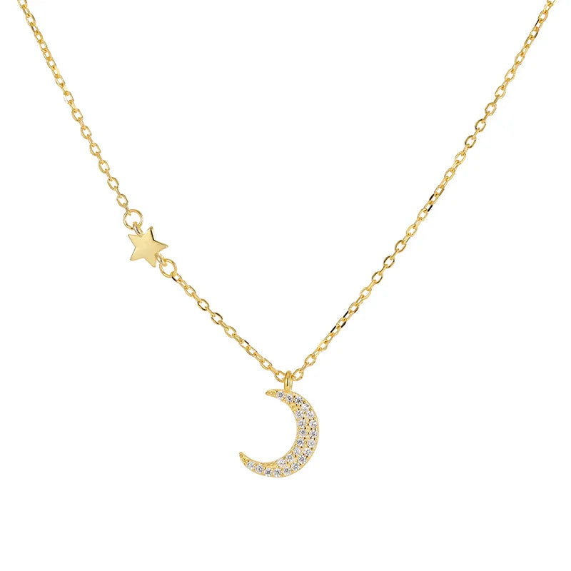 Fashion 925 Sterling Silver Necklace Shinning Moon Zircon Pentagram Star Pendant Gold Plated Necklaces for Women