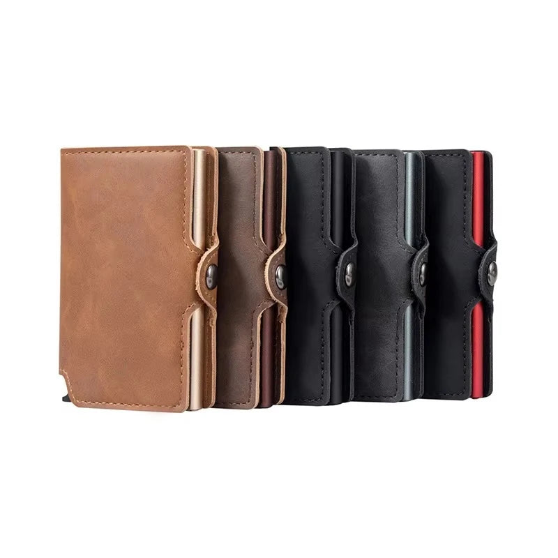 DIENQI Leather RFID Bank Credit Card Holder Men Wallet Smart Slim Thin Aluminium Cardholder Case Pop Up Mini Trifold Wallet Bag