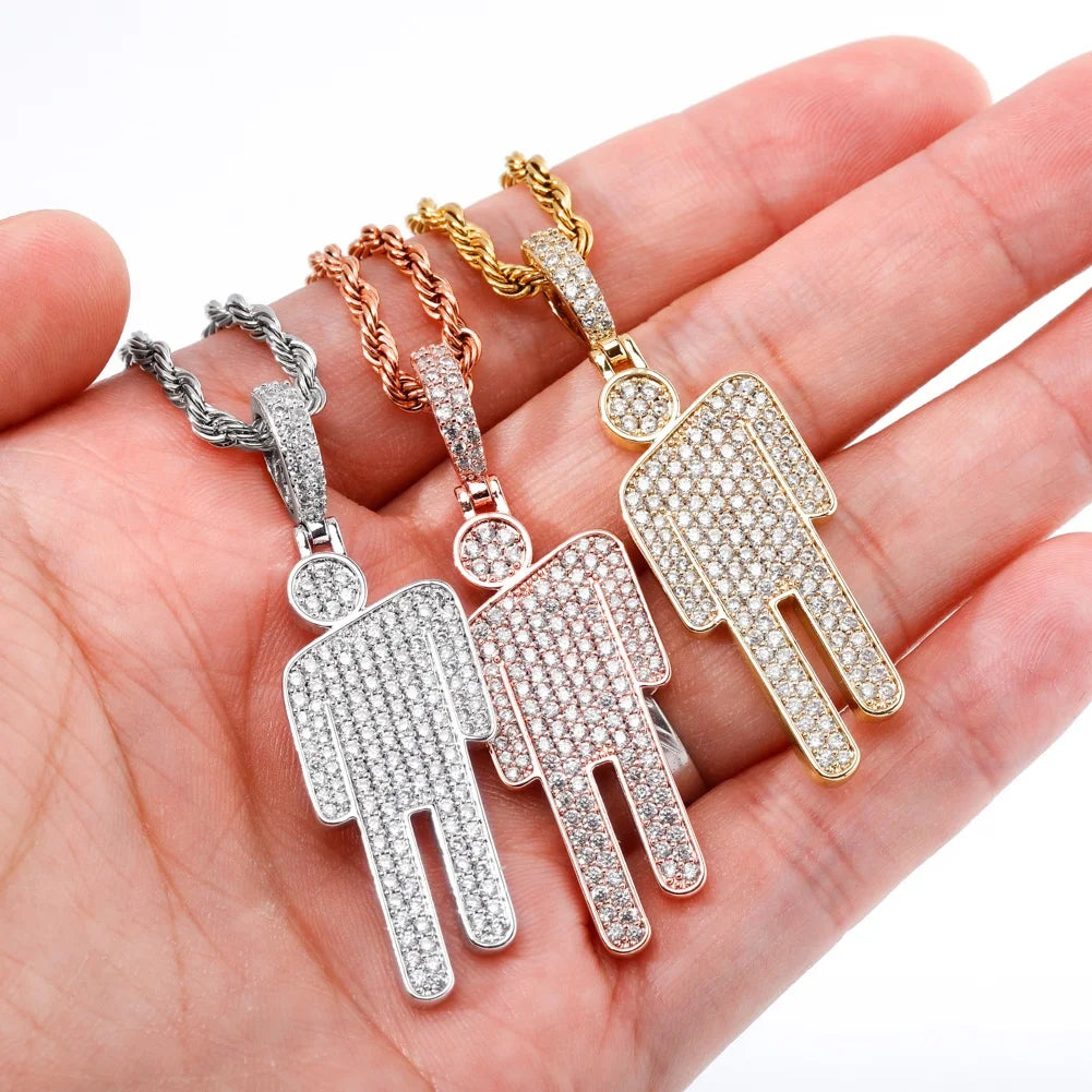 Hip Hop Brass Gold Plated Zircon Paved Billie Eilish Cartoon Human Pendant Unisex Anniversary Necklace Rope Chain