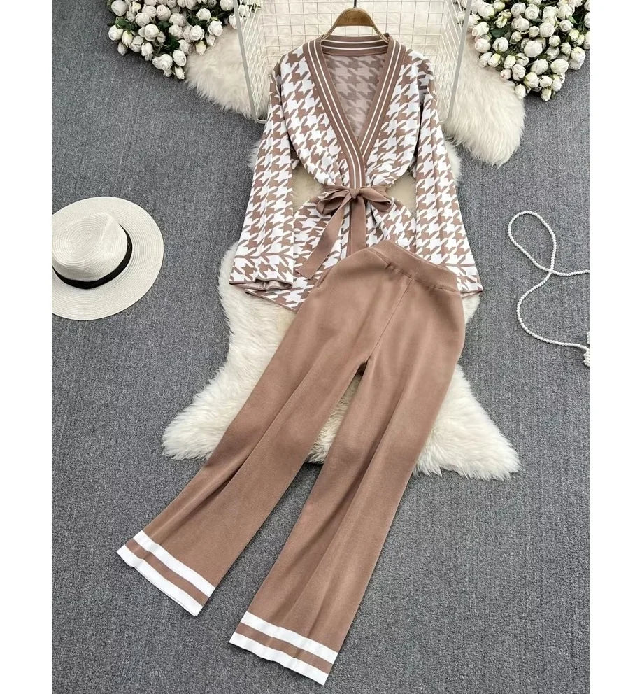 Fashion Suit Lady Temperament V-neck Plaid Check Waist Tie up Top Sweater High Waist Wide Leg Pants  Two-piece