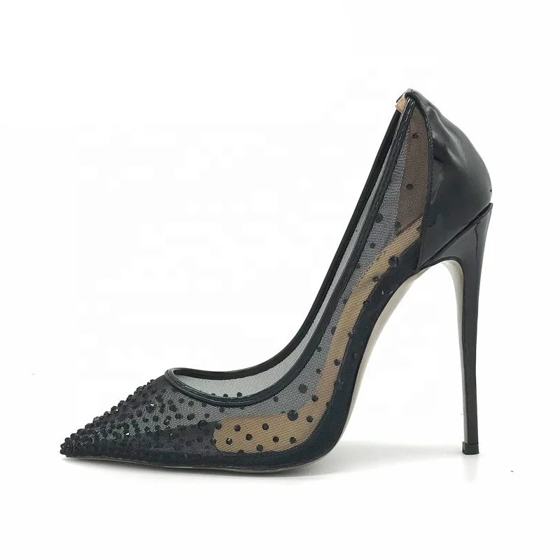 Wholesale Custom Made Black Mesh Crystal High Heels Summer Wedding Pumps for Women See-Through Pointed Toe Shoes Red Bottoms