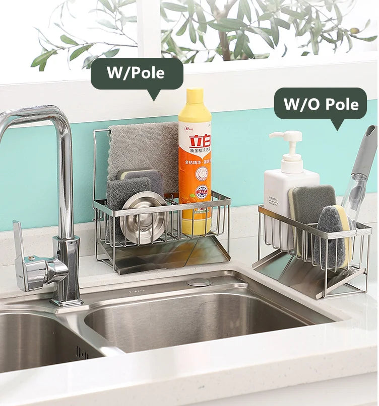 Stainless Steel Kitchen Draining Board Rack Over the Sink Soap Sponge Storage Holder Metal Tool Organizer
