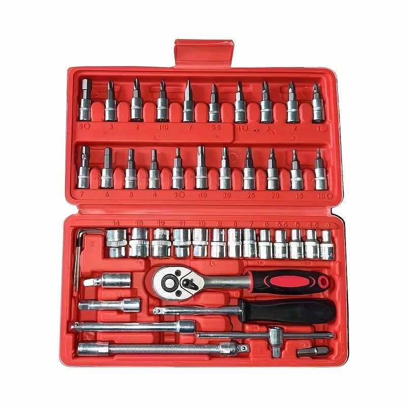46-Piece Multi-Functional Metric Drive Socket Wrench Set Red Case DIY Auto Repair Tool Kit Ratchet Extensions Hand Set Hard Case